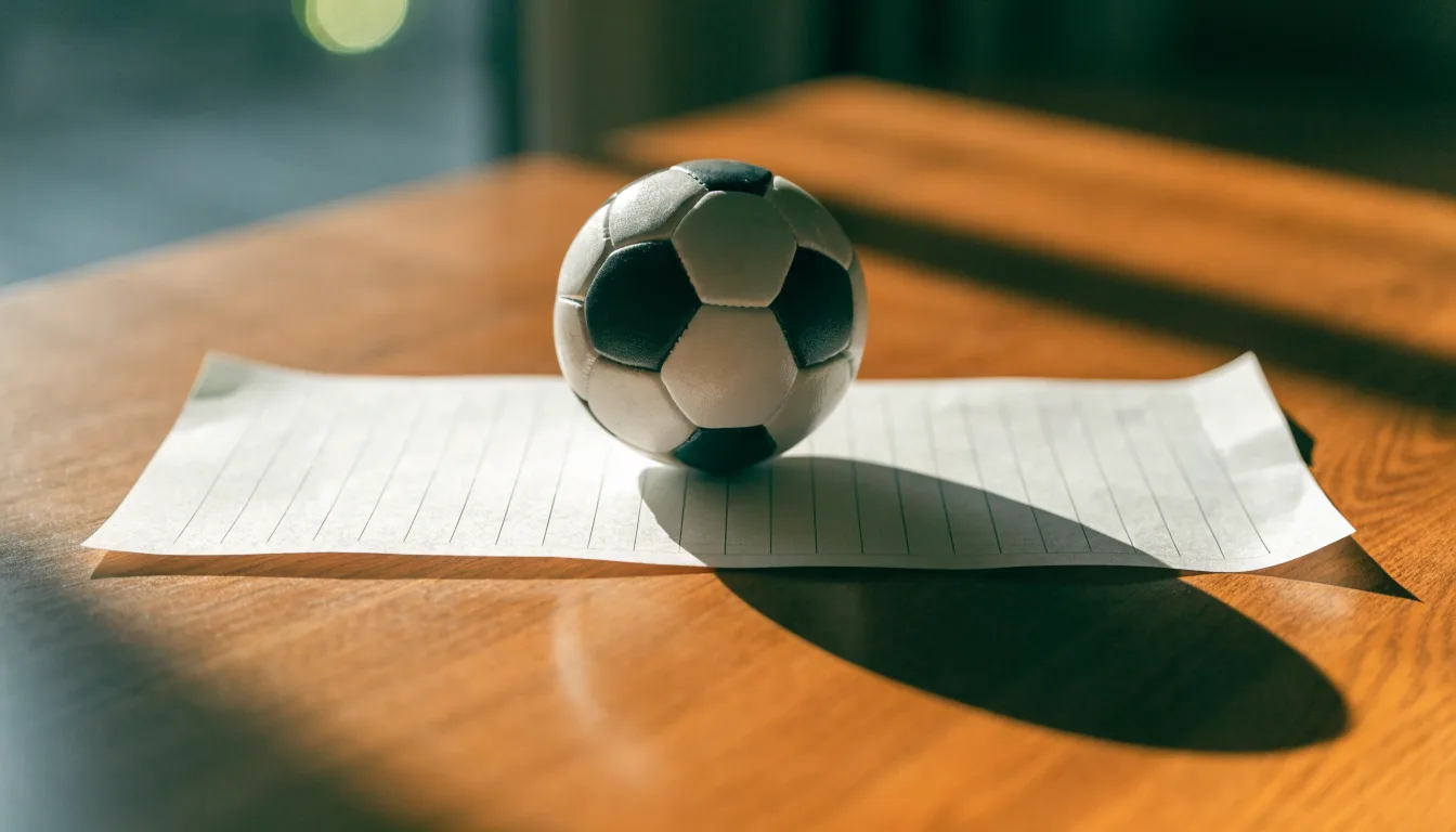 Uma bola de futebol pousada sobre um talão de apostas em branco numa mesa de madeira, à luz do dia