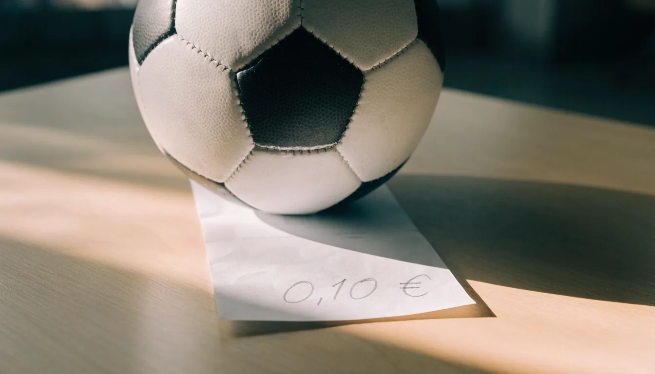 Uma bola de futebol pousada sobre um talão de apostas em branco numa mesa de madeira, à luz do dia