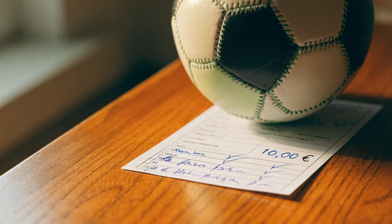 Uma bola de futebol pousada sobre um talão de apostas em branco numa mesa de madeira, à luz do dia