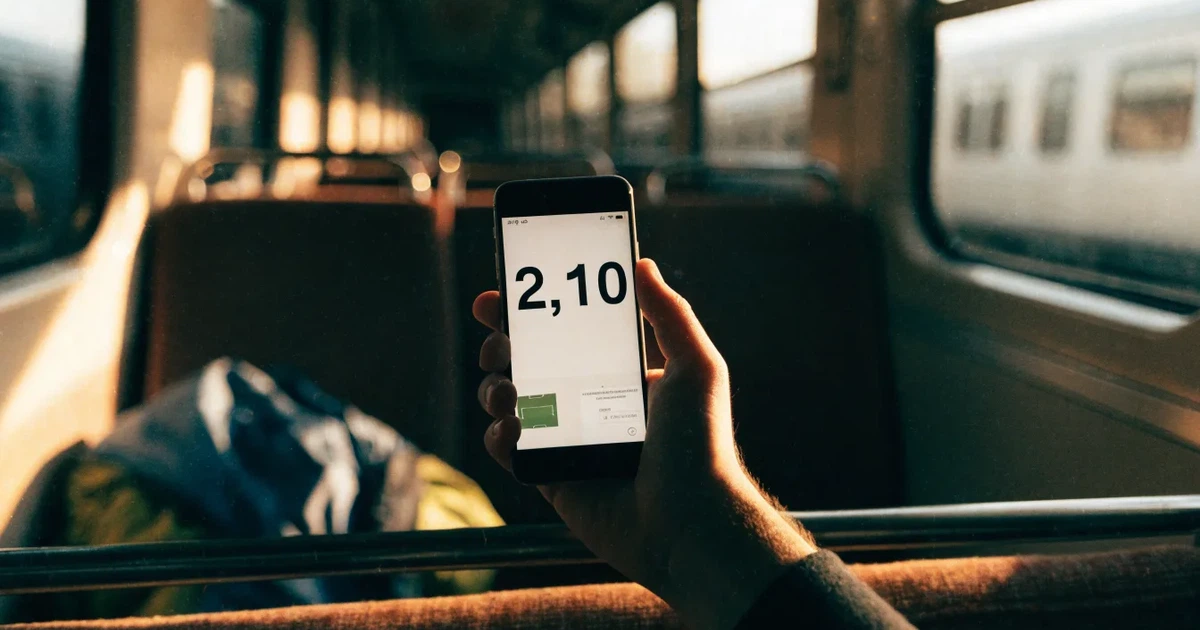 Uma mão a segurar um telemóvel com uma aposta no ecrã, num comboio ao fim da tarde