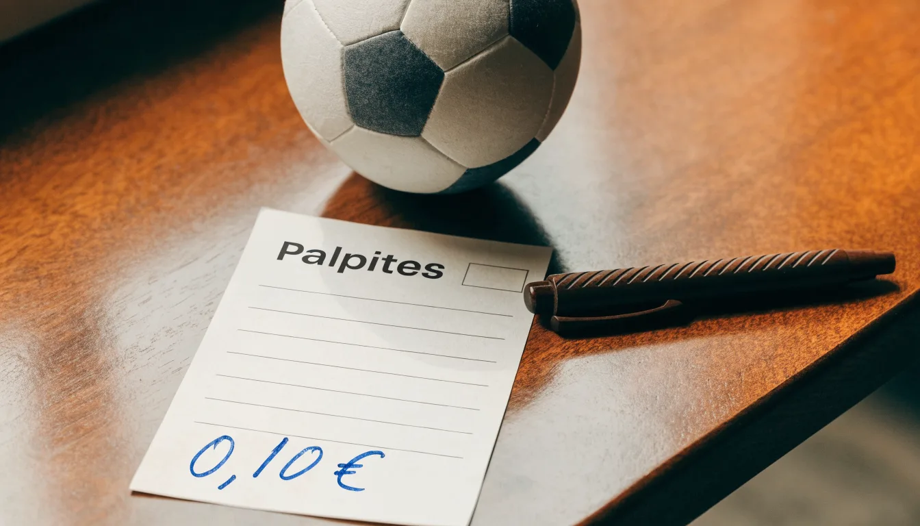 Uma bola de futebol pousada sobre um talão de apostas em branco numa mesa de madeira, à luz do dia