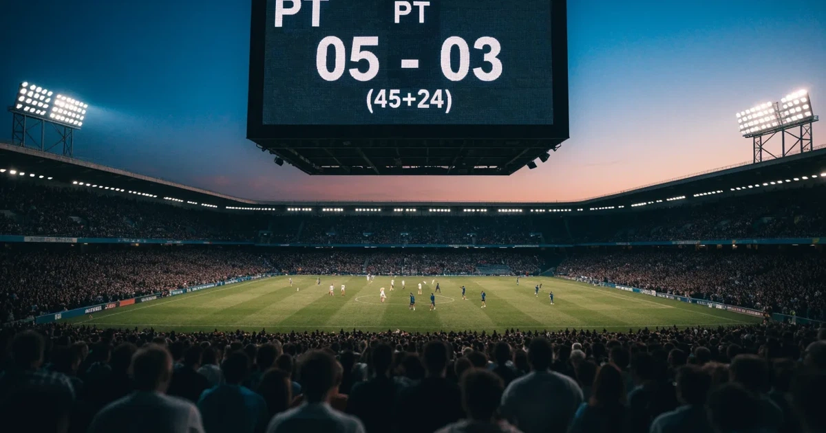 Um marcador eletrónico de um estádio com o resultado a meio da segunda parte, visto das bancadas