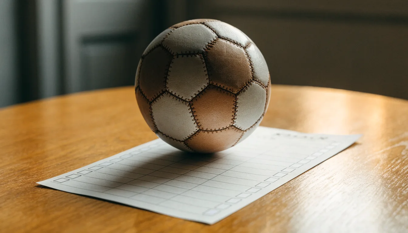 Uma bola de futebol pousada sobre um talão de apostas em branco numa mesa de madeira, à luz do dia