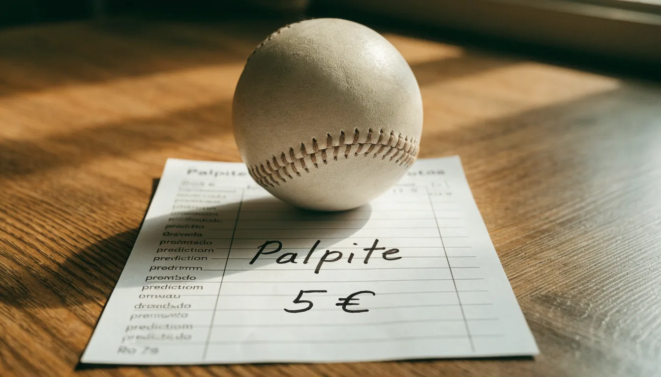 Uma bola de futebol pousada sobre um talão de apostas em branco numa mesa de madeira, à luz do dia