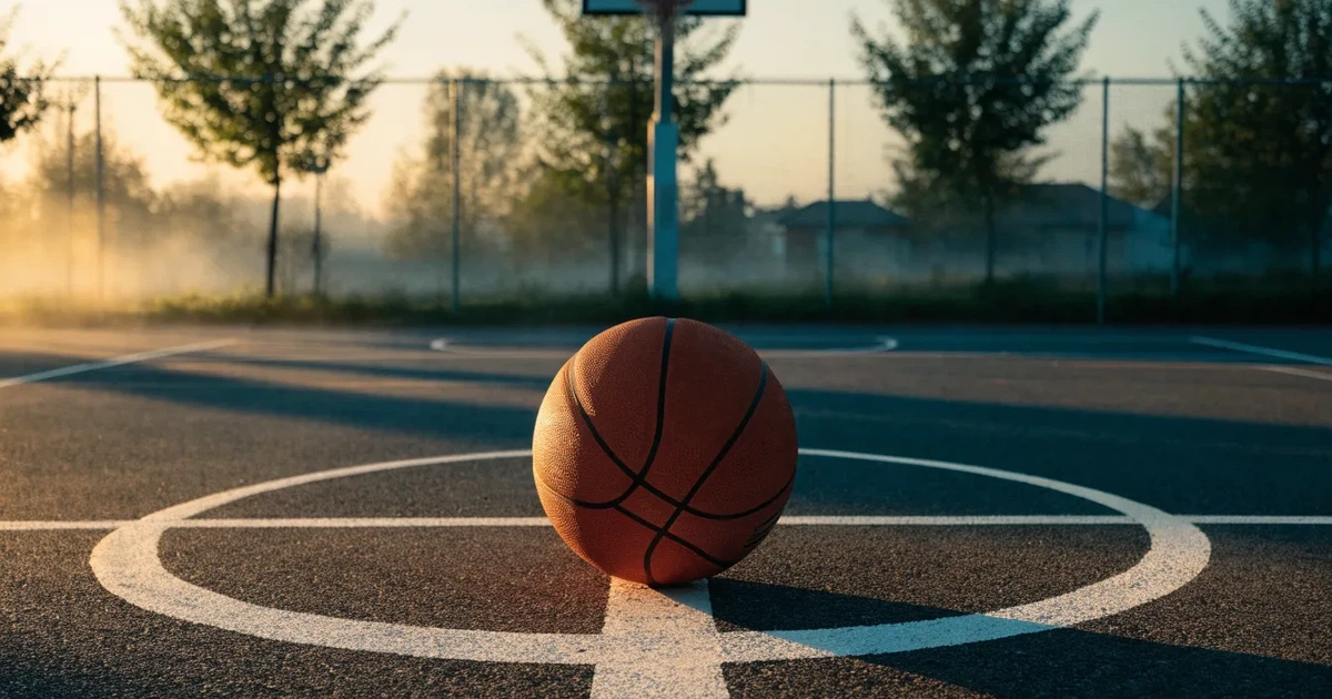 Uma bola de futebol no ponto central de um relvado, à luz da manhã