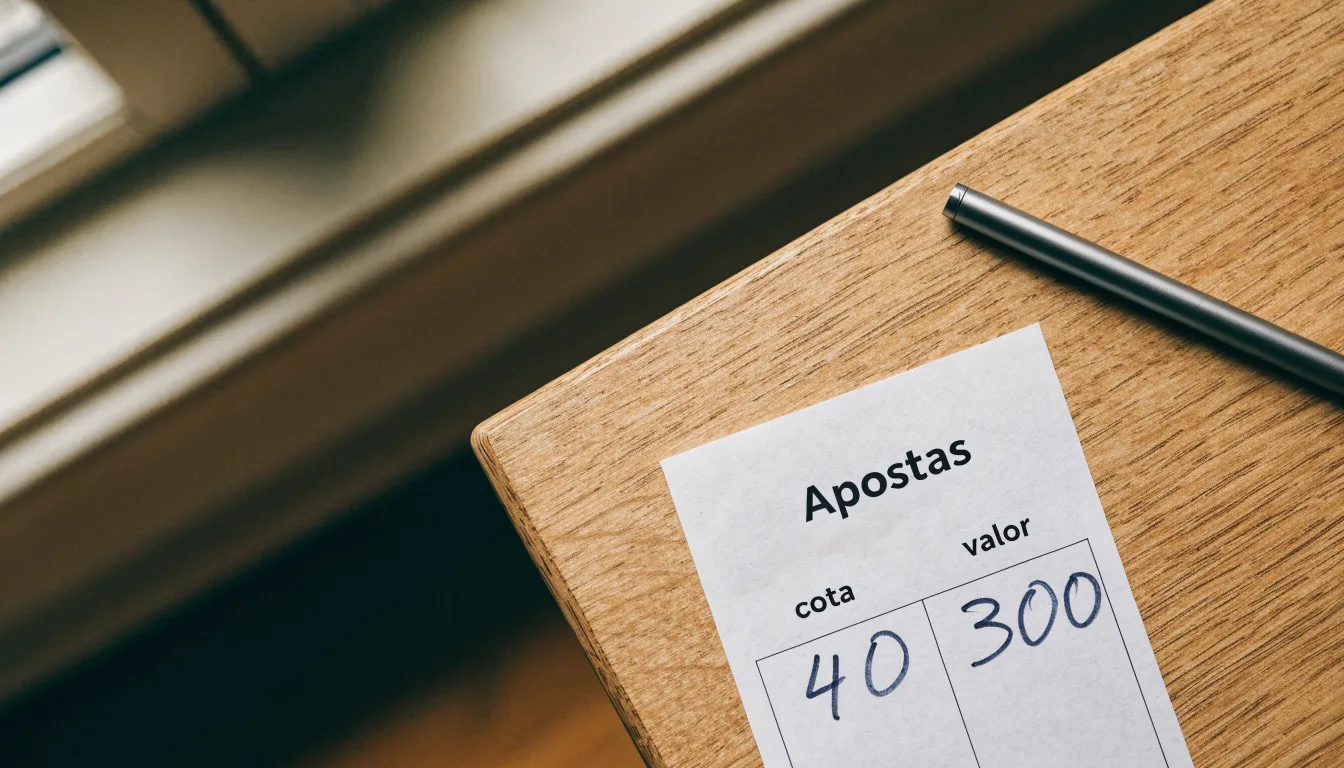 Uma bola de futebol pousada sobre um talão de apostas em branco numa mesa de madeira, à luz do dia