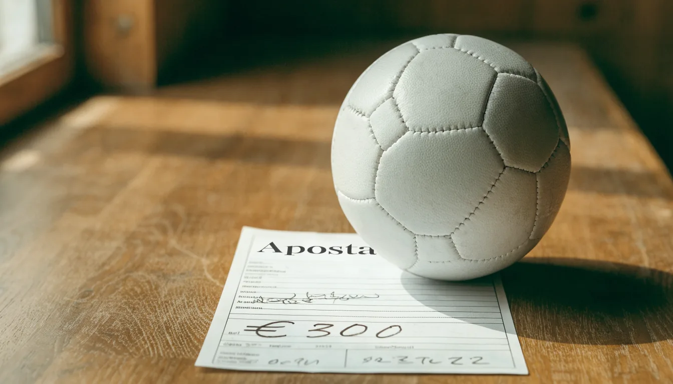 Uma bola de futebol pousada sobre um talão de apostas em branco numa mesa de madeira, à luz do dia