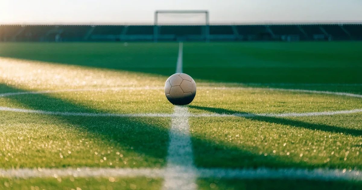 Uma bola de futebol no ponto central de um relvado, à luz da manhã