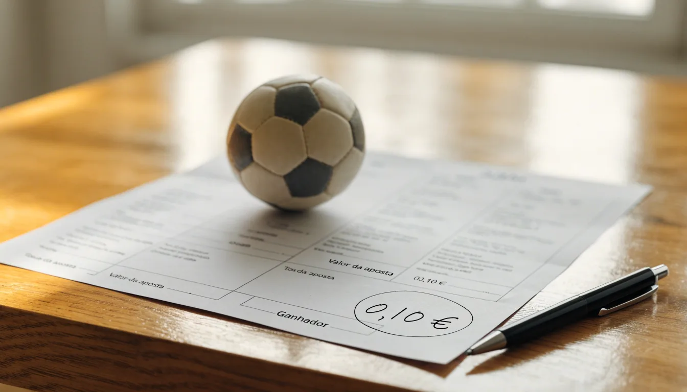 Uma bola de futebol pousada sobre um talão de apostas em branco numa mesa de madeira, à luz do dia