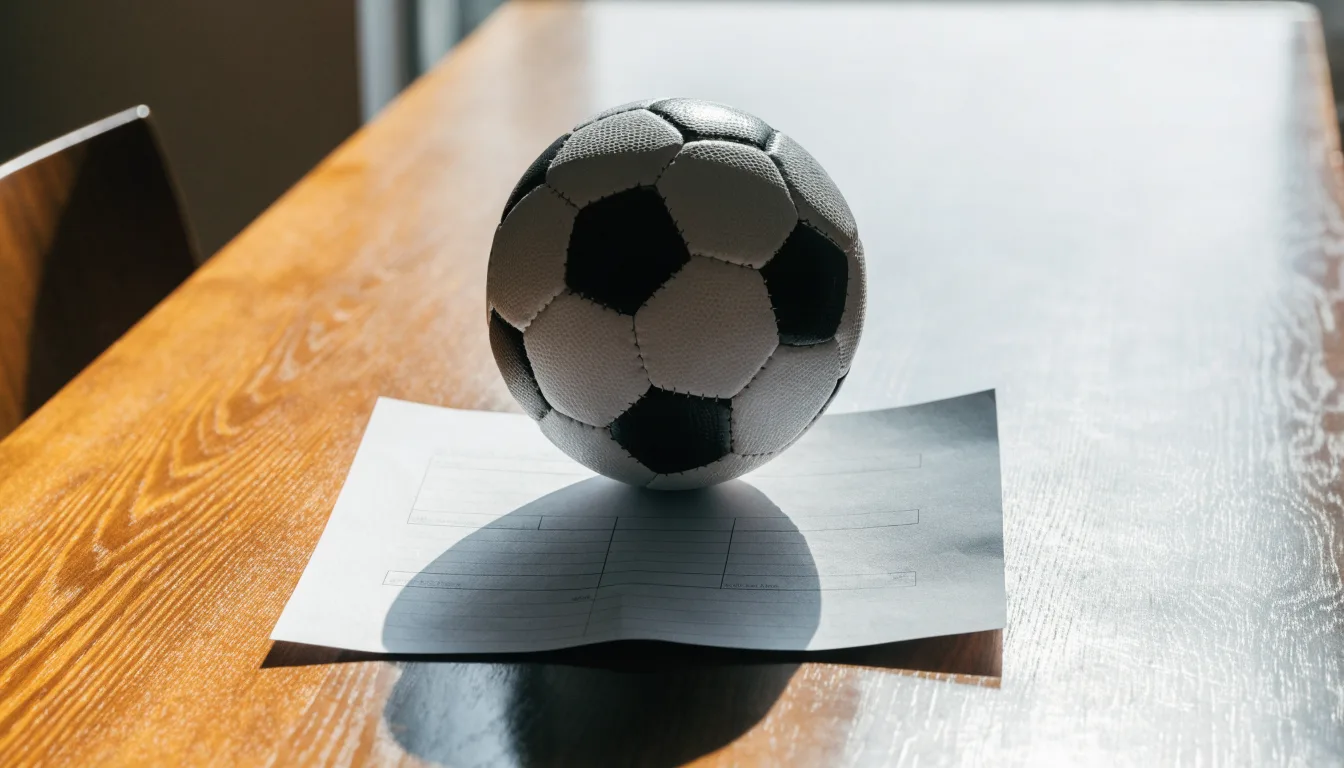 Uma bola de futebol pousada sobre um talão de apostas em branco numa mesa de madeira, à luz do dia
