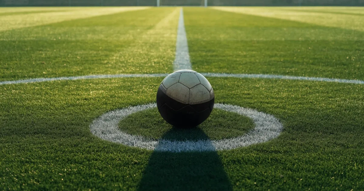 Uma bola de futebol no ponto central de um relvado, à luz da manhã
