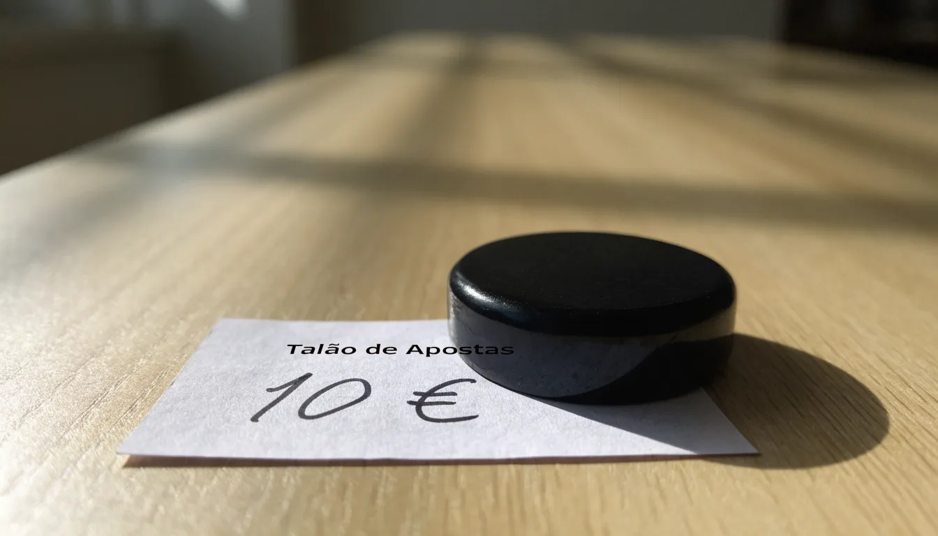Uma bola de futebol pousada sobre um talão de apostas em branco numa mesa de madeira, à luz do dia