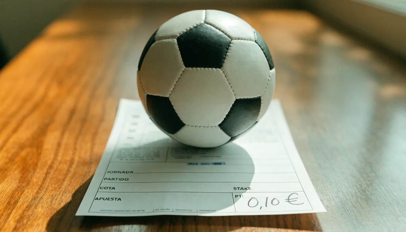 Uma bola de futebol pousada sobre um talão de apostas em branco numa mesa de madeira, à luz do dia
