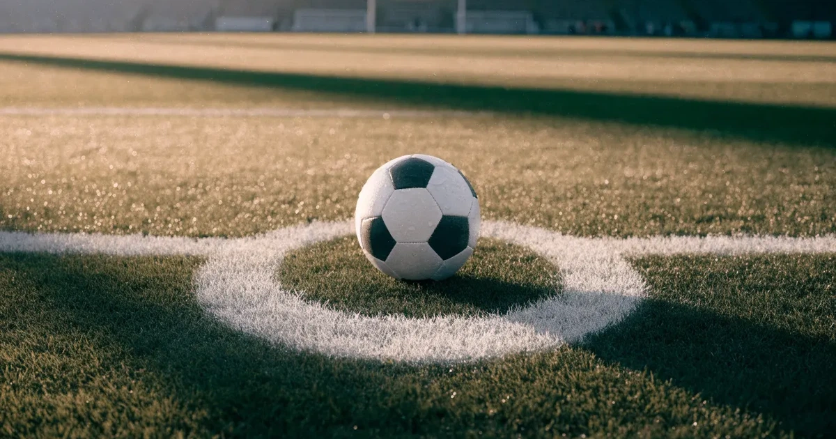 Uma bola de futebol no ponto central de um relvado, à luz da manhã