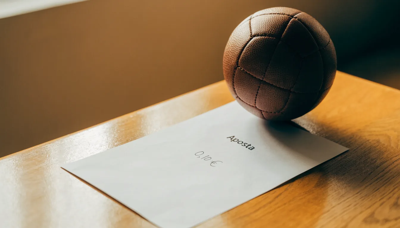 Uma bola de futebol pousada sobre um talão de apostas em branco numa mesa de madeira, à luz do dia