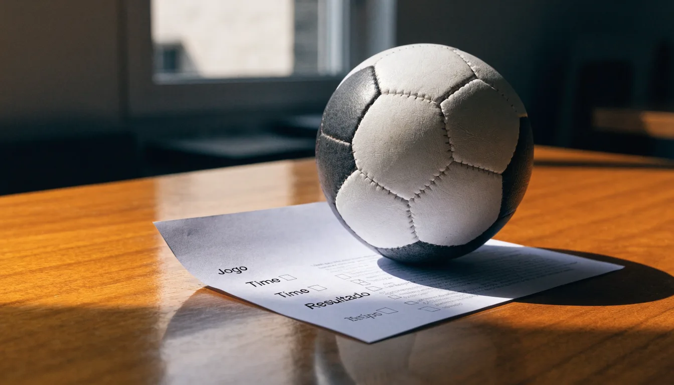 Uma bola de futebol pousada sobre um talão de apostas em branco numa mesa de madeira, à luz do dia