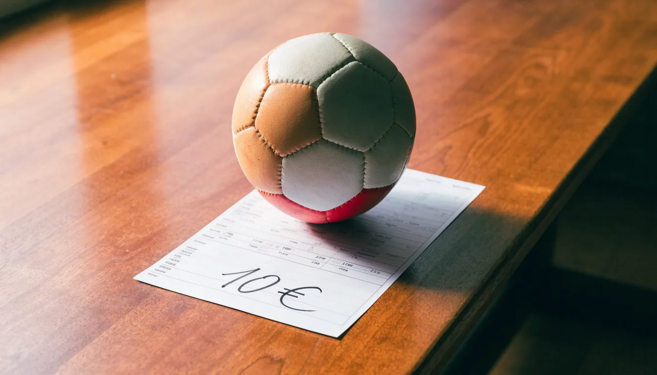 Uma bola de futebol pousada sobre um talão de apostas em branco numa mesa de madeira, à luz do dia