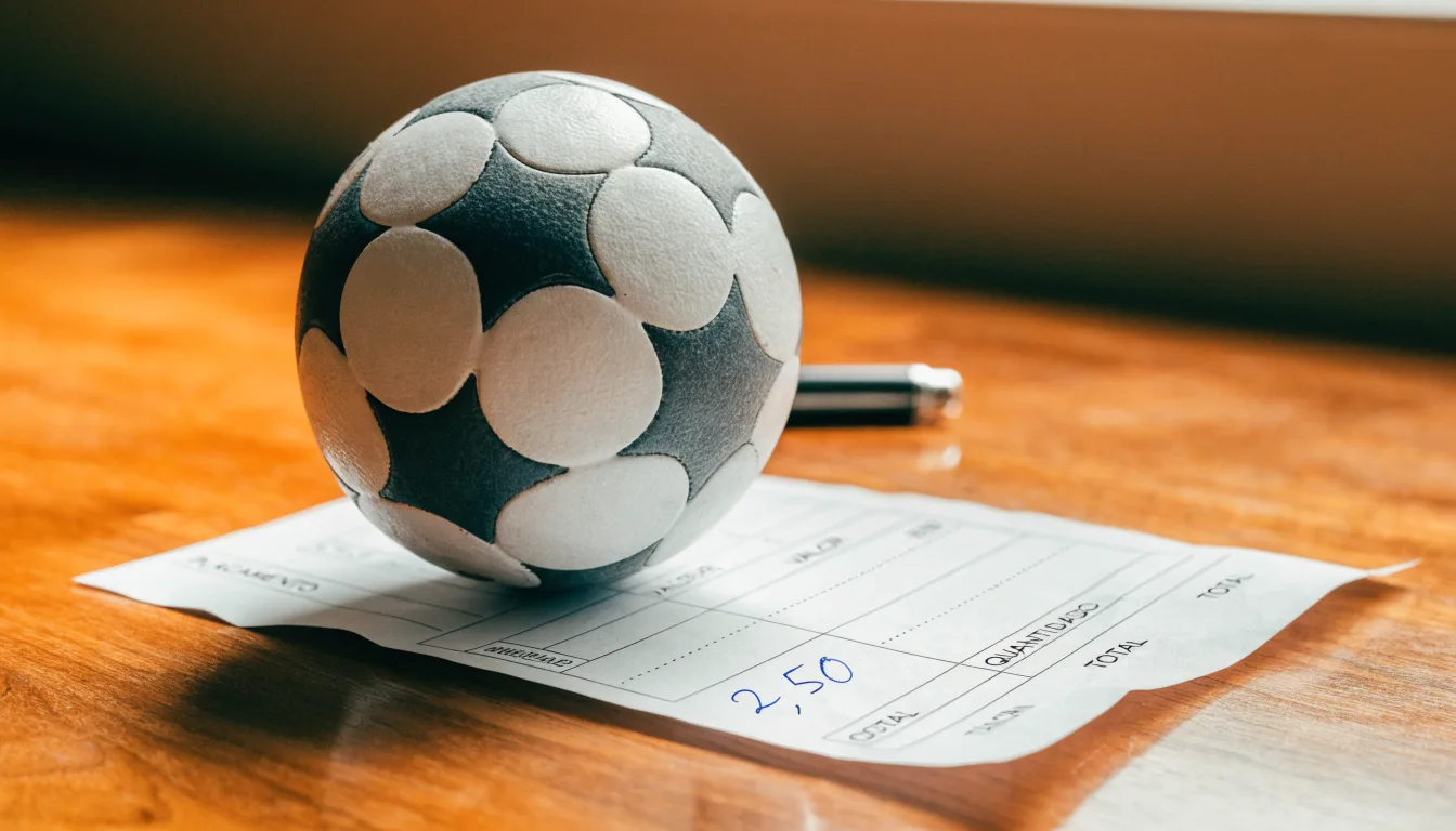 Uma bola de futebol pousada sobre um talão de apostas em branco numa mesa de madeira, à luz do dia