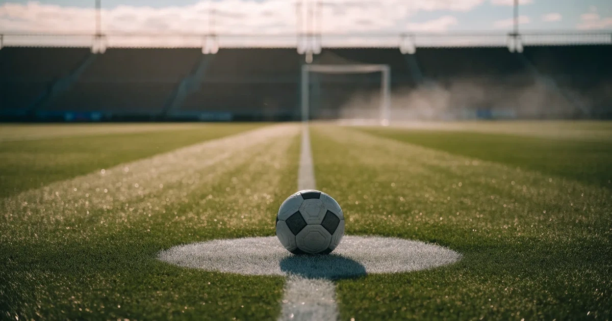 Uma bola de futebol no ponto central de um relvado, à luz da manhã