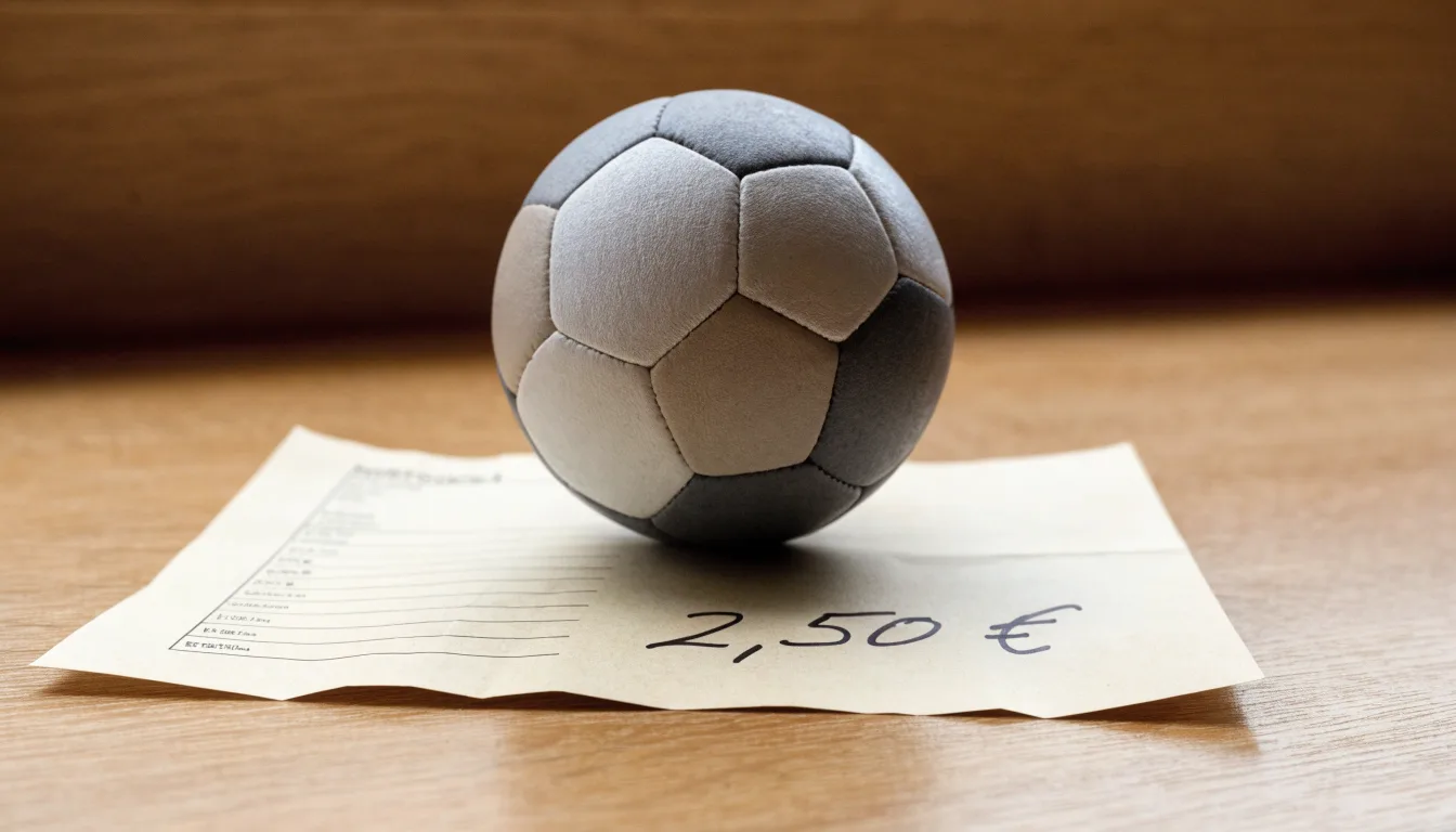 Uma bola de futebol pousada sobre um talão de apostas em branco numa mesa de madeira, à luz do dia