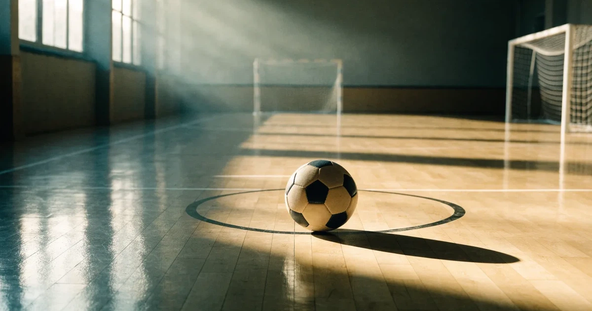 Uma bola de futebol no ponto central de um relvado, à luz da manhã