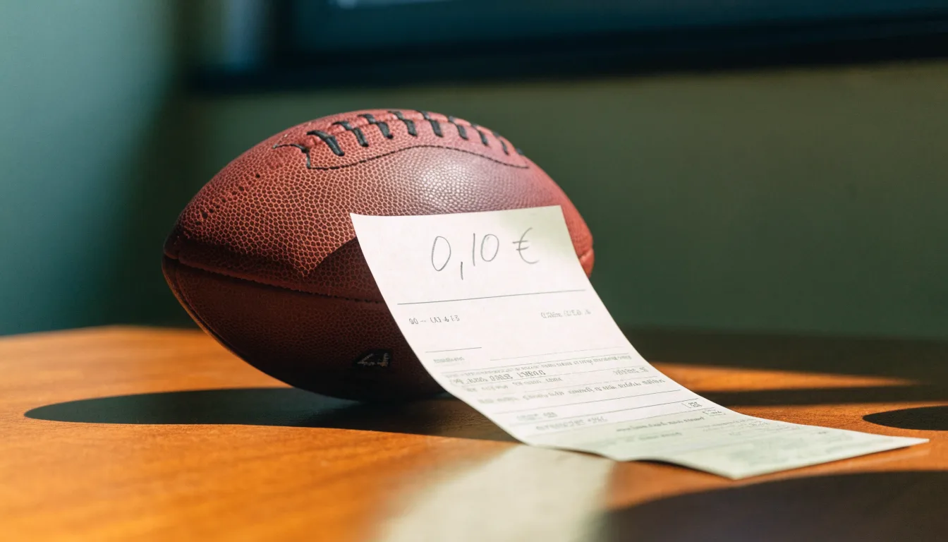 Uma bola de futebol pousada sobre um talão de apostas em branco numa mesa de madeira, à luz do dia