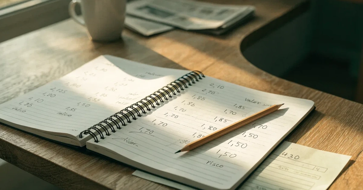 Um caderno aberto com cotas escritas à mão, uma calculadora e um lápis sobre uma mesa de madeira