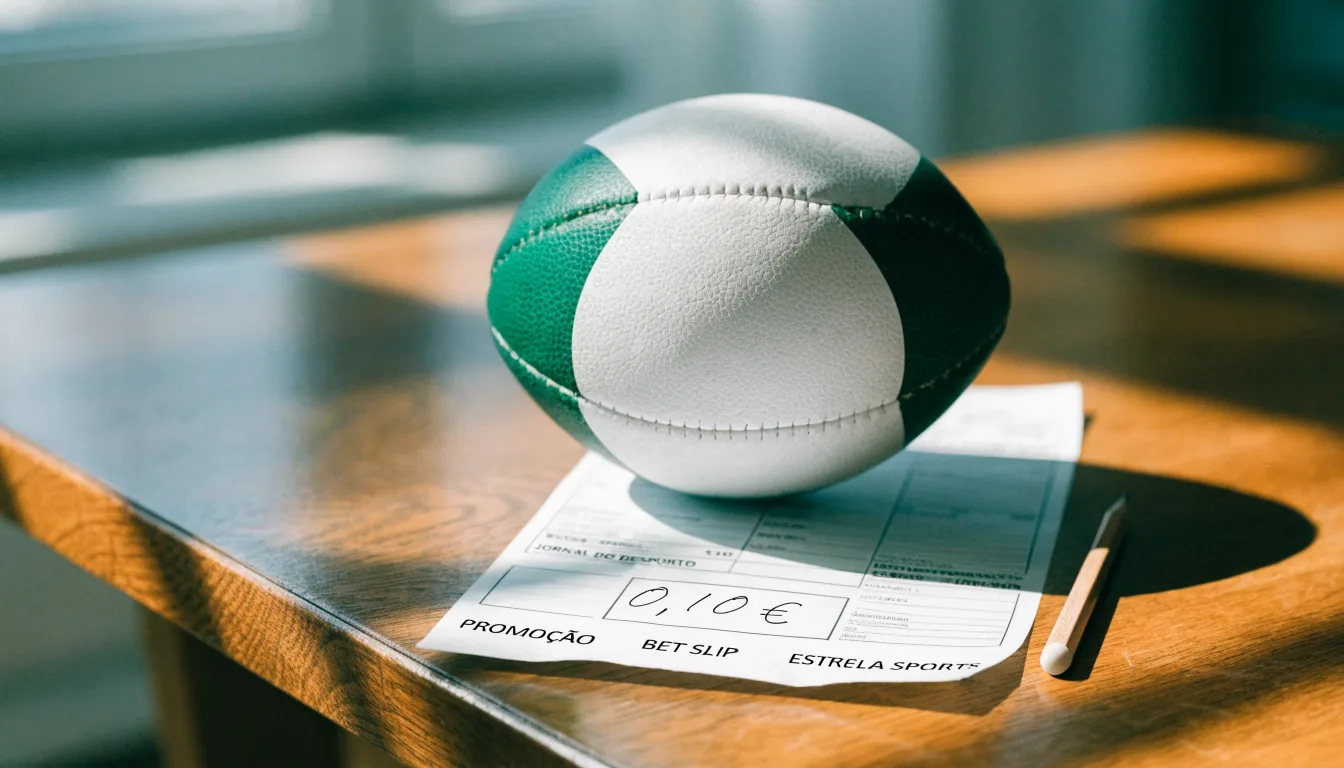 Uma bola de futebol pousada sobre um talão de apostas em branco numa mesa de madeira, à luz do dia