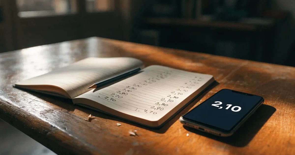 Um caderno aberto com cotas escritas à mão, uma calculadora e um lápis sobre uma mesa de madeira