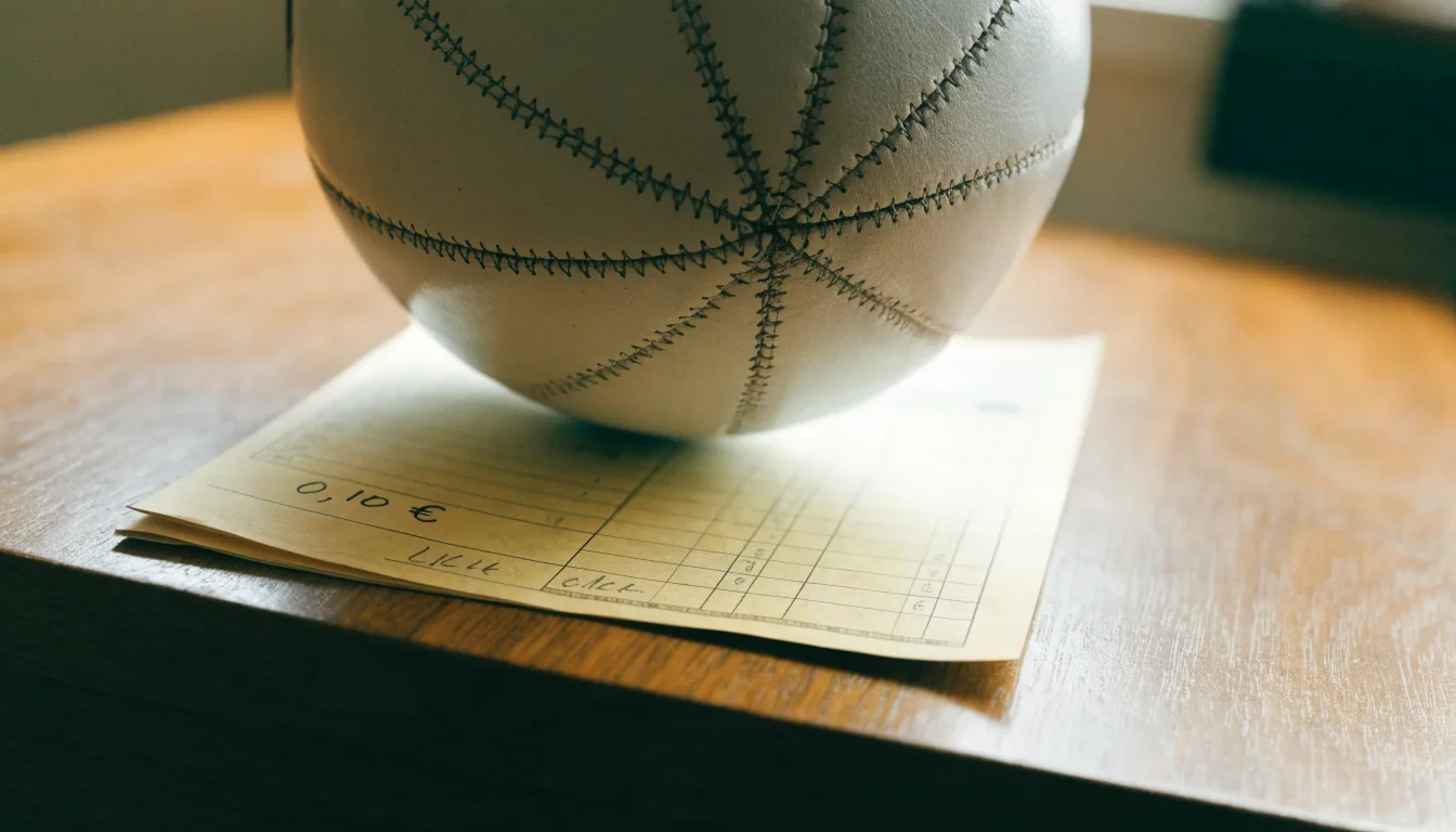 Uma bola de futebol pousada sobre um talão de apostas em branco numa mesa de madeira, à luz do dia