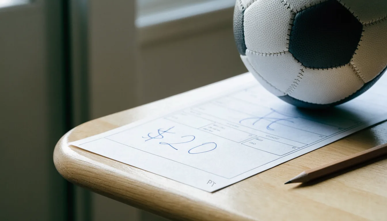 Uma bola de futebol pousada sobre um talão de apostas em branco numa mesa de madeira, à luz do dia