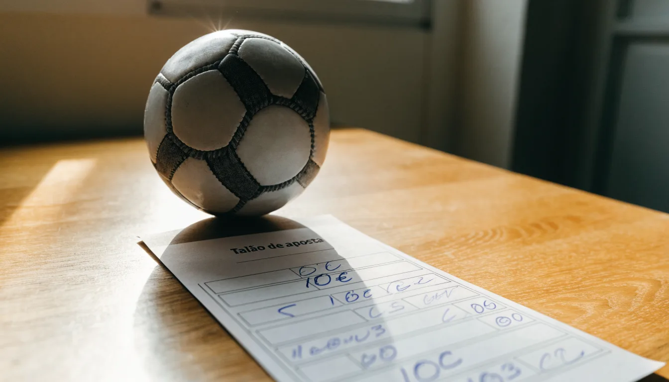 Uma bola de futebol pousada sobre um talão de apostas em branco numa mesa de madeira, à luz do dia