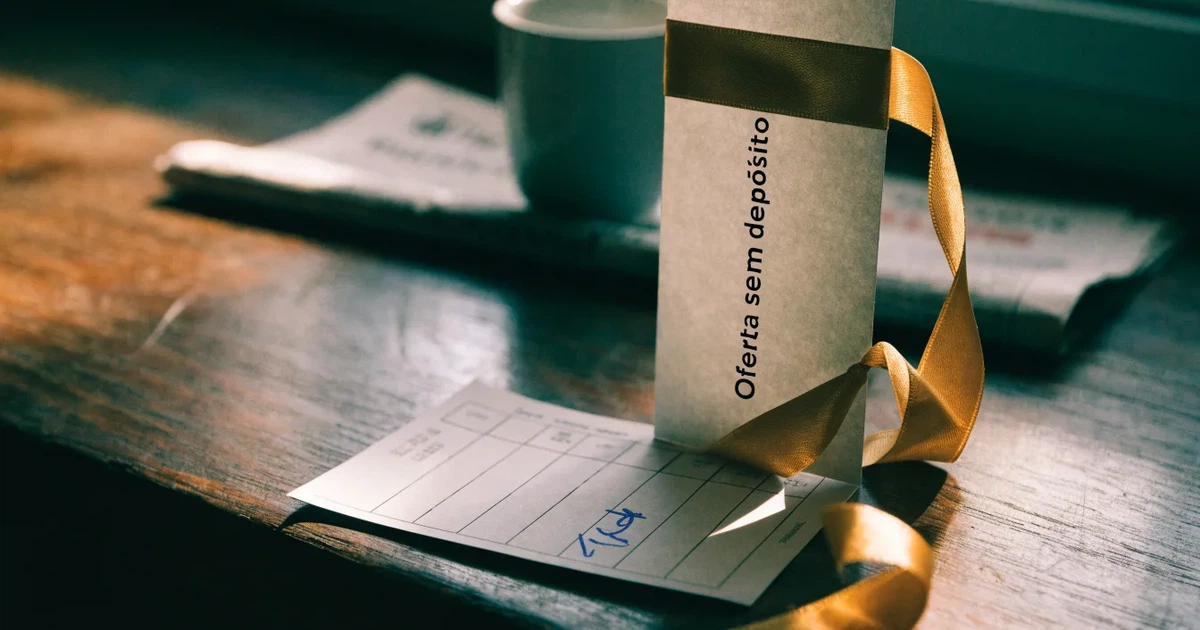 Um cartão de oferta com uma fita dourada ao lado de um talão de apostas numa bancada de madeira