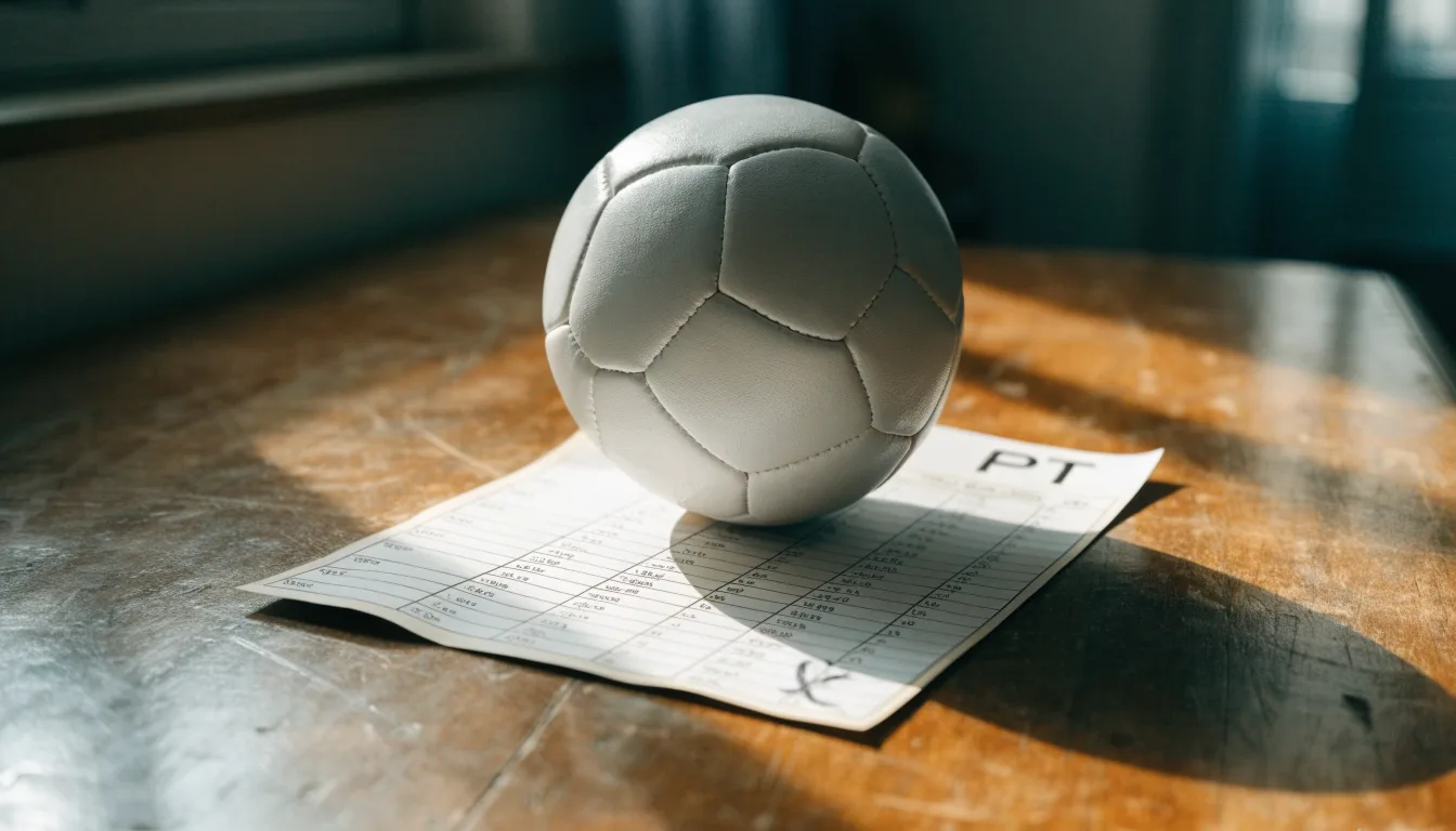 Uma bola de futebol pousada sobre um talão de apostas em branco numa mesa de madeira, à luz do dia