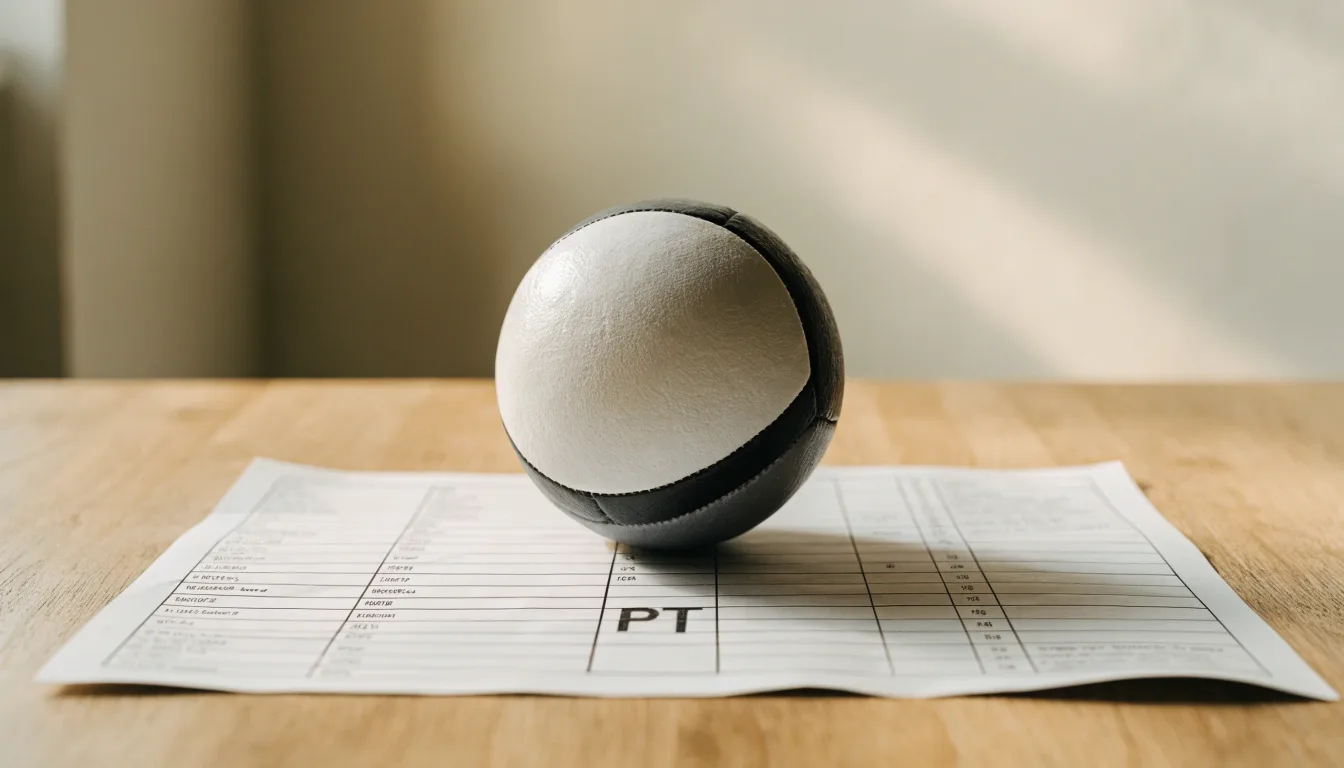 Uma bola de futebol pousada sobre um talão de apostas em branco numa mesa de madeira, à luz do dia