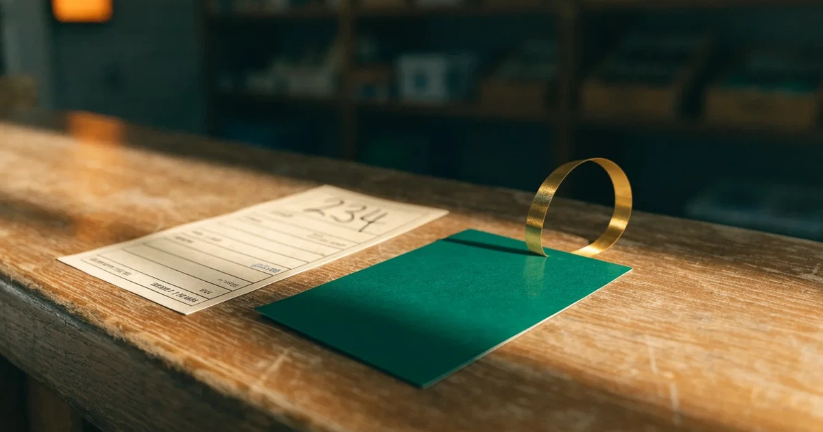 Um cartão de oferta com uma fita dourada ao lado de um talão de apostas numa bancada de madeira