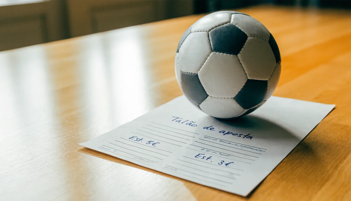 Uma bola de futebol pousada sobre um talão de apostas em branco numa mesa de madeira, à luz do dia