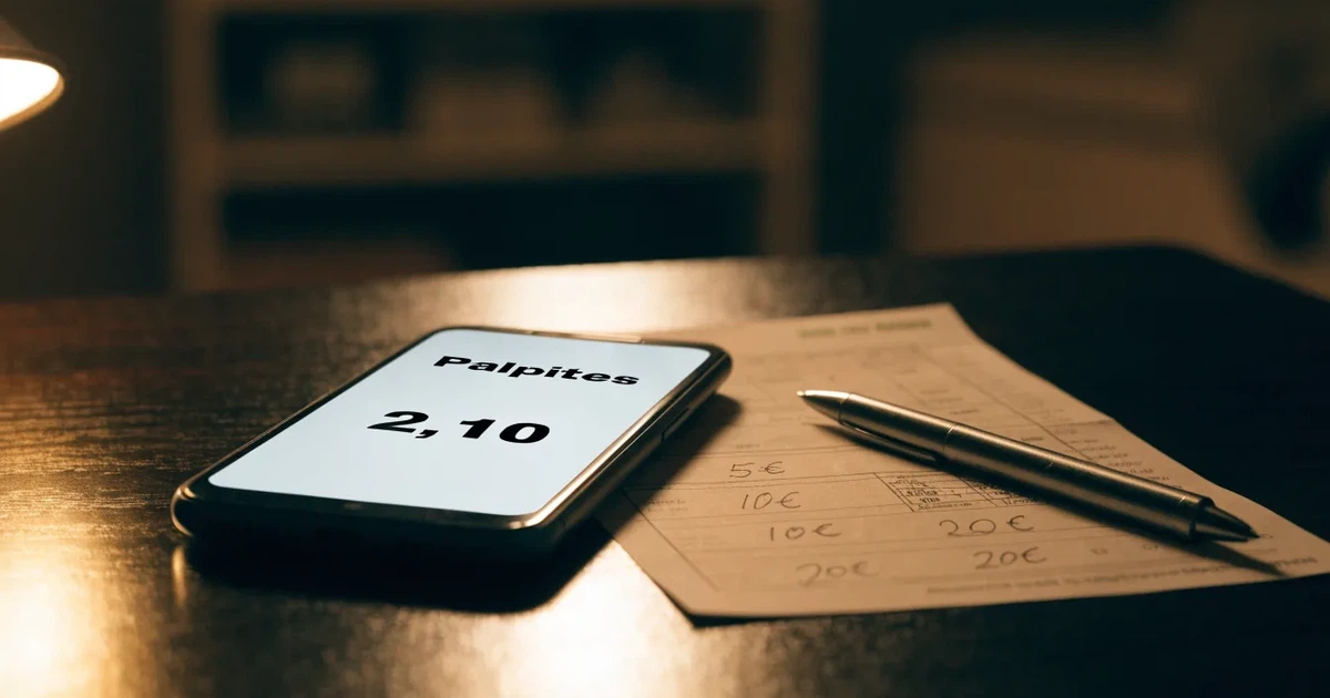 Uma moeda física de bitcoin ao lado de um telemóvel com um talão de aposta no ecrã, sobre uma mesa escura