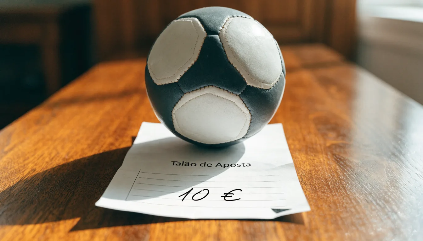Uma bola de futebol pousada sobre um talão de apostas em branco numa mesa de madeira, à luz do dia