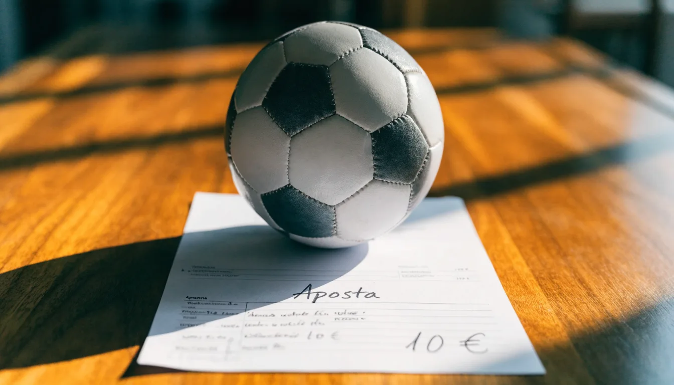 Uma bola de futebol pousada sobre um talão de apostas em branco numa mesa de madeira, à luz do dia