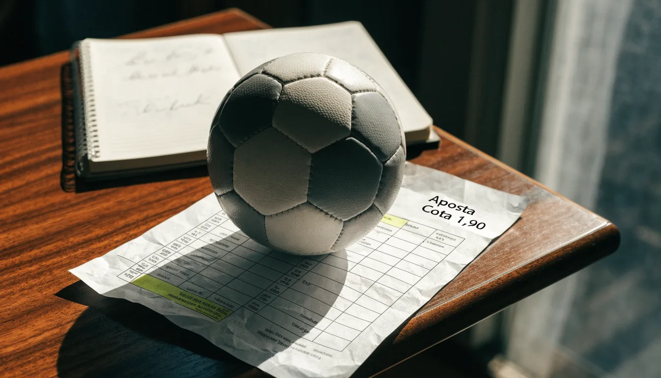 Uma bola de futebol pousada sobre um talão de apostas em branco numa mesa de madeira, à luz do dia