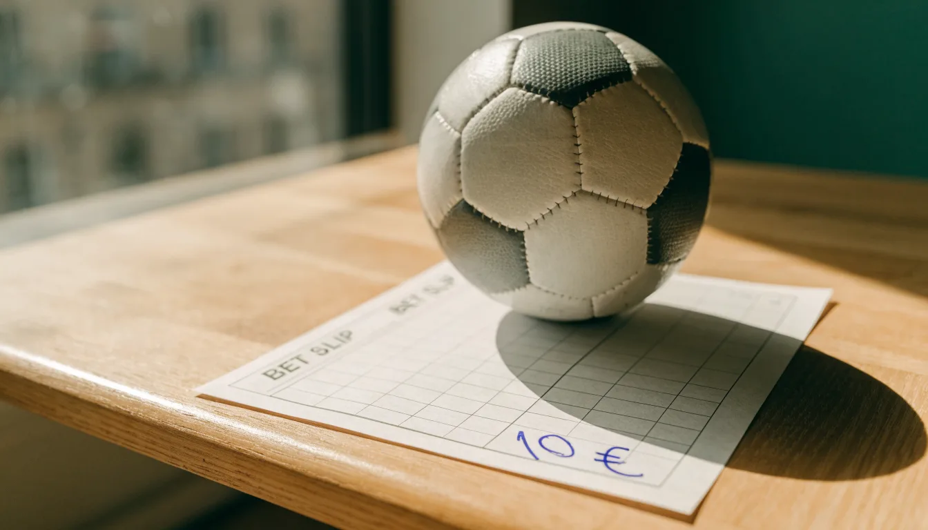 Uma bola de futebol pousada sobre um talão de apostas em branco numa mesa de madeira, à luz do dia