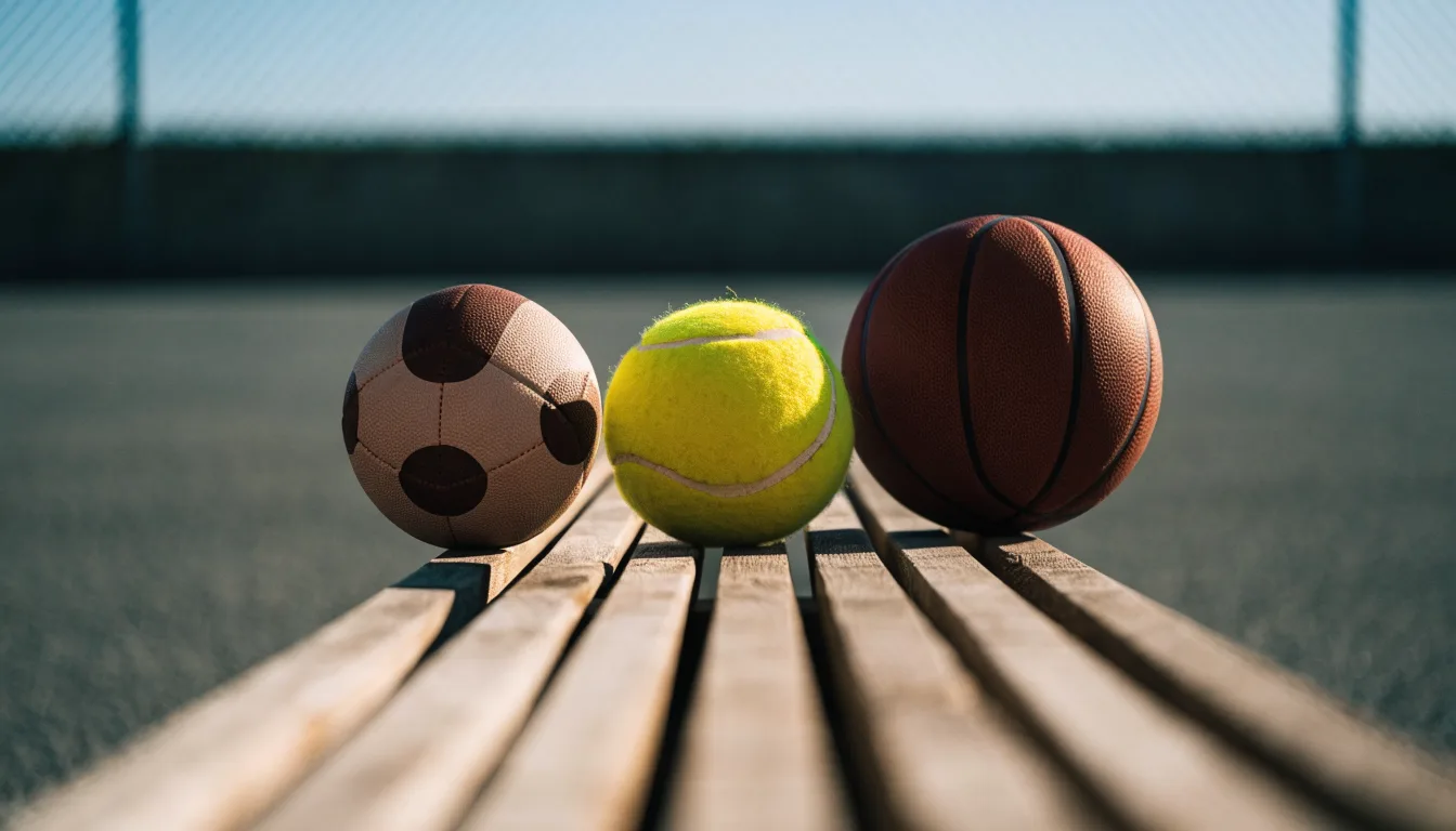 Três bolas de desportos diferentes alinhadas lado a lado num banco de madeira