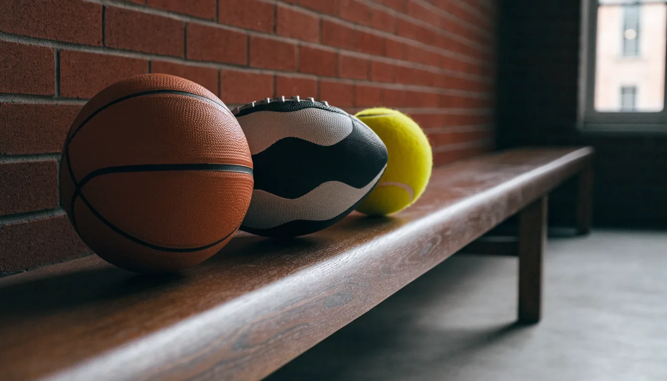 Três bolas de desportos diferentes alinhadas lado a lado num banco de madeira