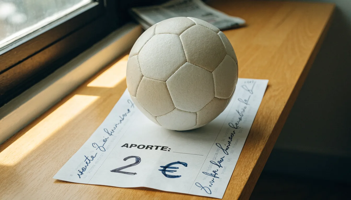 Uma bola de futebol pousada sobre um talão de apostas em branco numa mesa de madeira, à luz do dia