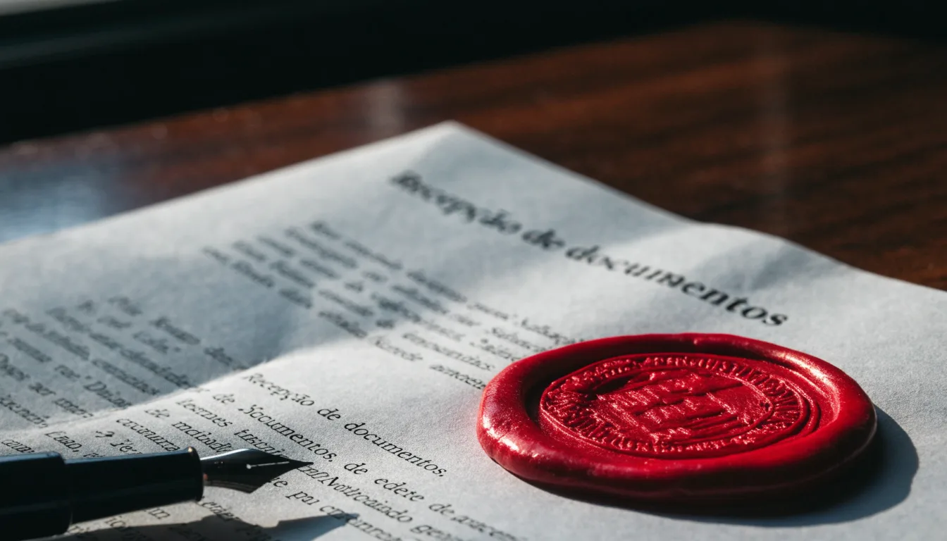 Uma folha de licença em papel com um selo vermelho, pousada numa secretária de madeira ao lado de uma caneta