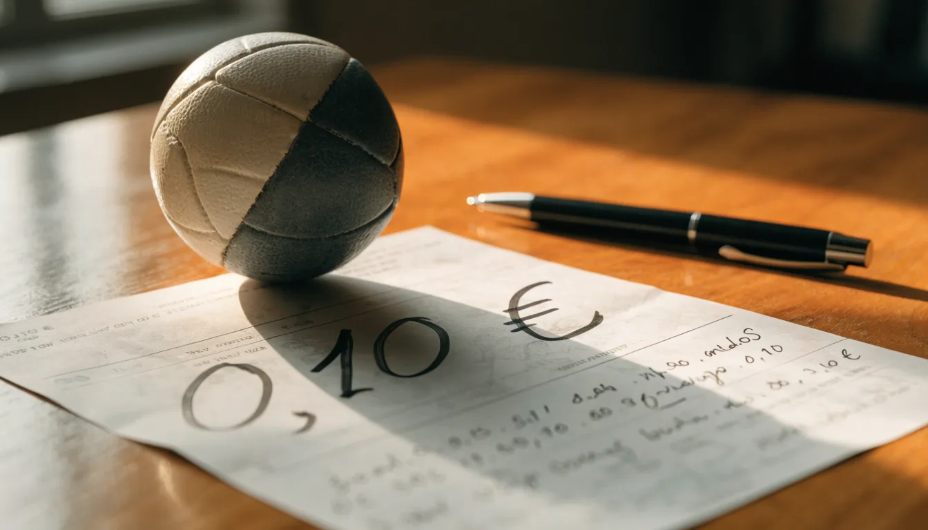 Uma bola de futebol pousada sobre um talão de apostas em branco numa mesa de madeira, à luz do dia