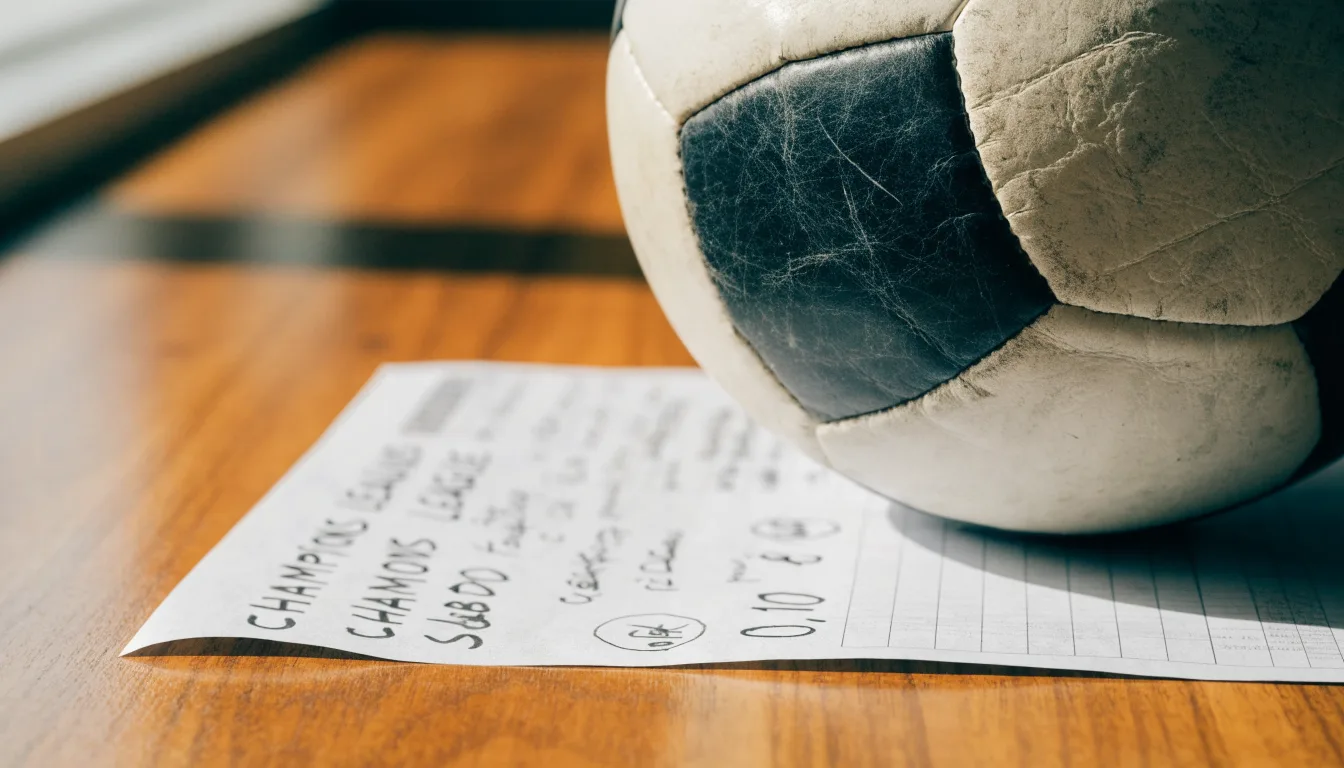 Uma bola de futebol pousada sobre um talão de apostas em branco numa mesa de madeira, à luz do dia