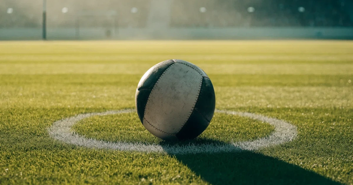 Uma bola de futebol no ponto central de um relvado, à luz da manhã