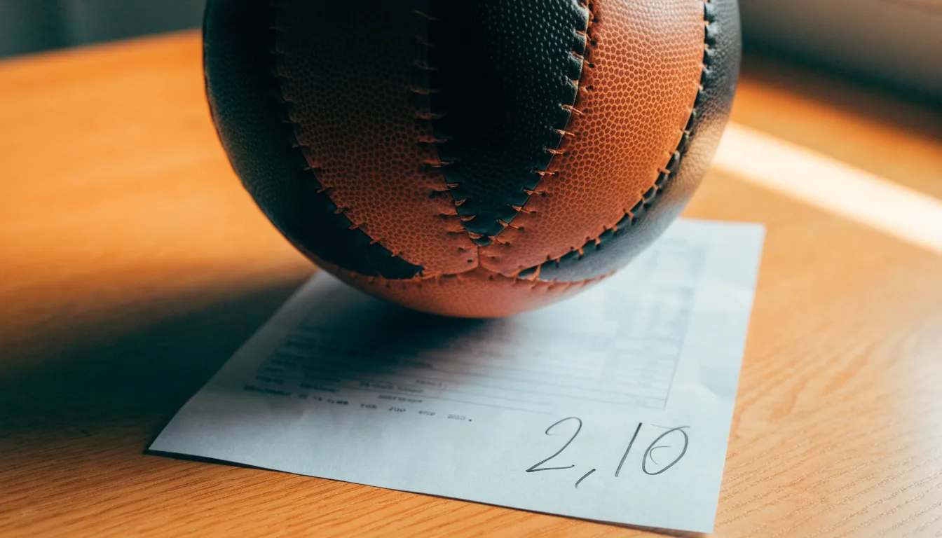 Uma bola de futebol pousada sobre um talão de apostas em branco numa mesa de madeira, à luz do dia